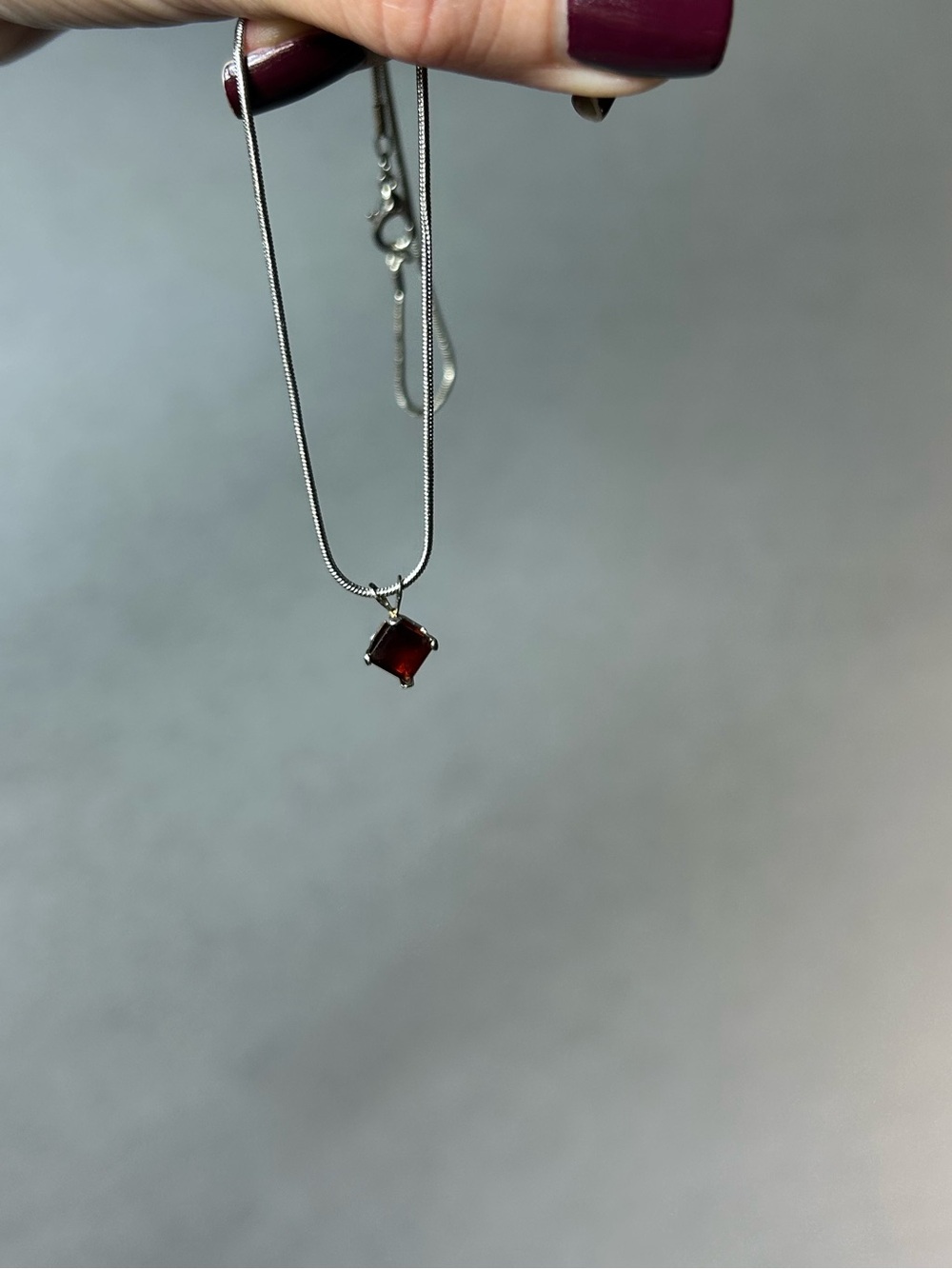 Dainty silver Necklace with Deep Red Square Pendant